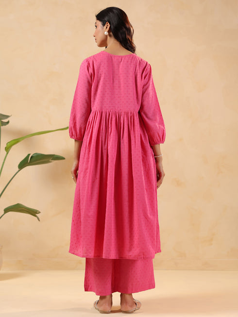 Janasya Women's Pink Dobby Pure Cotton Yoke Embroidery A-line Maternity Kurta Pant Set